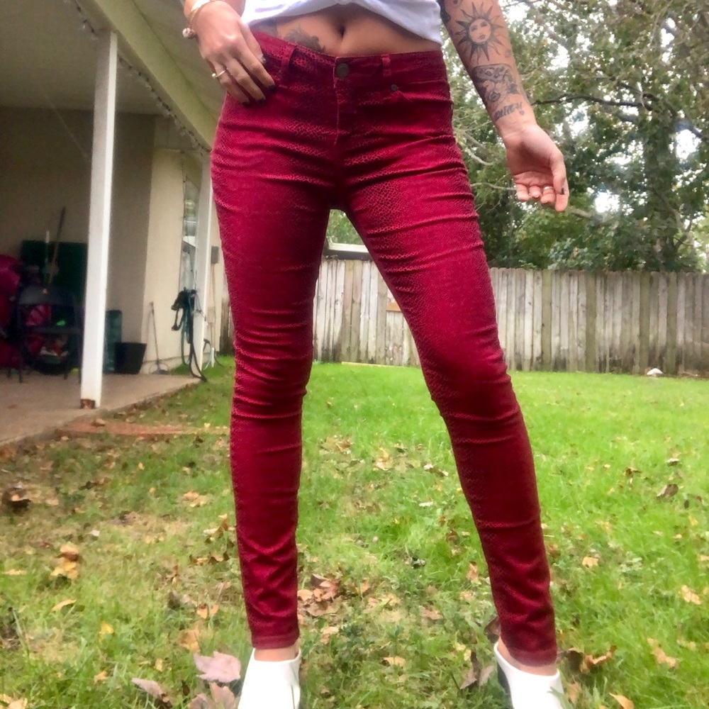 Red and black snakeskin pants